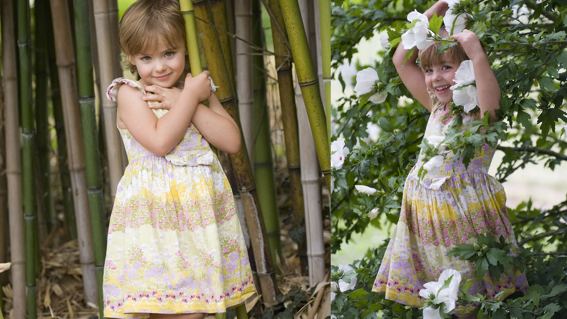 Portrait d'enfant en extérieur d'une petite fille parmi des bambous et des plantes fleuries d'un jardin, en Gironde, France