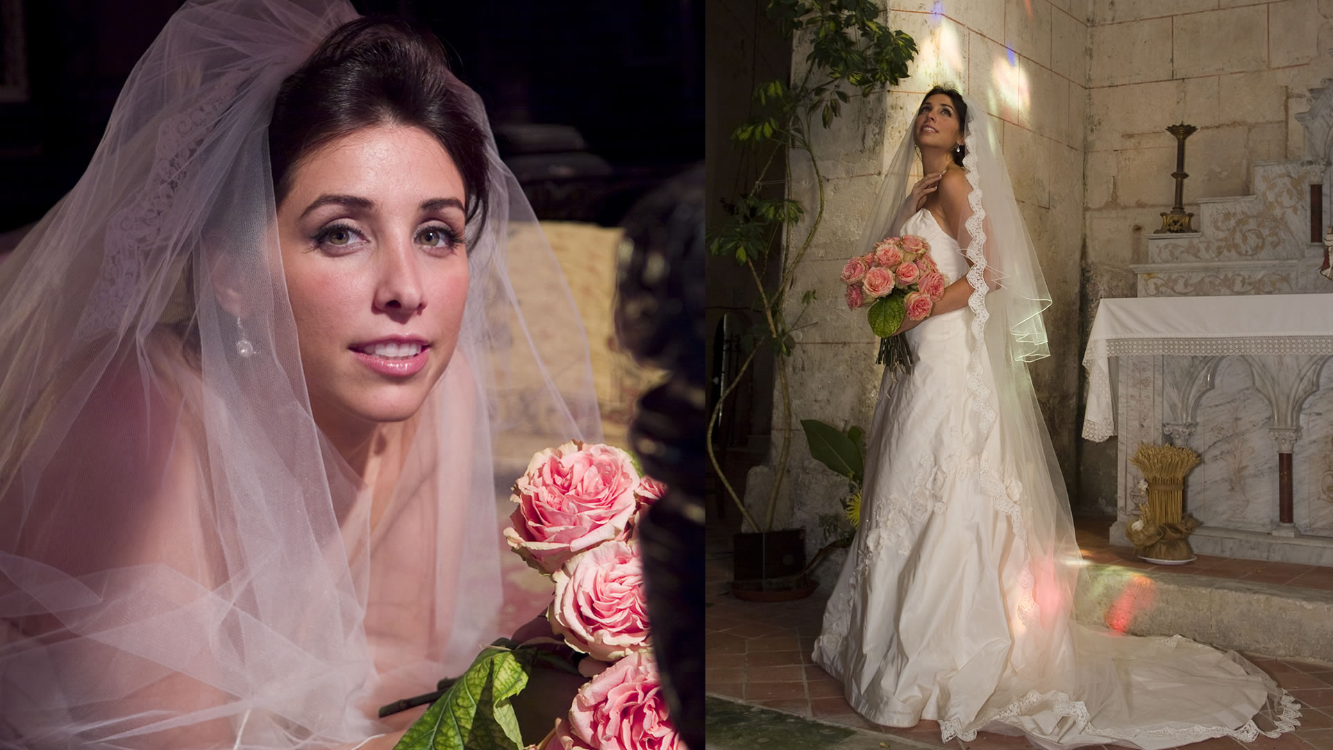 Portraits de mariée artistiques en couleur d'une mariée avec un bouquet de roses roses dans un intérieur historique en pierre