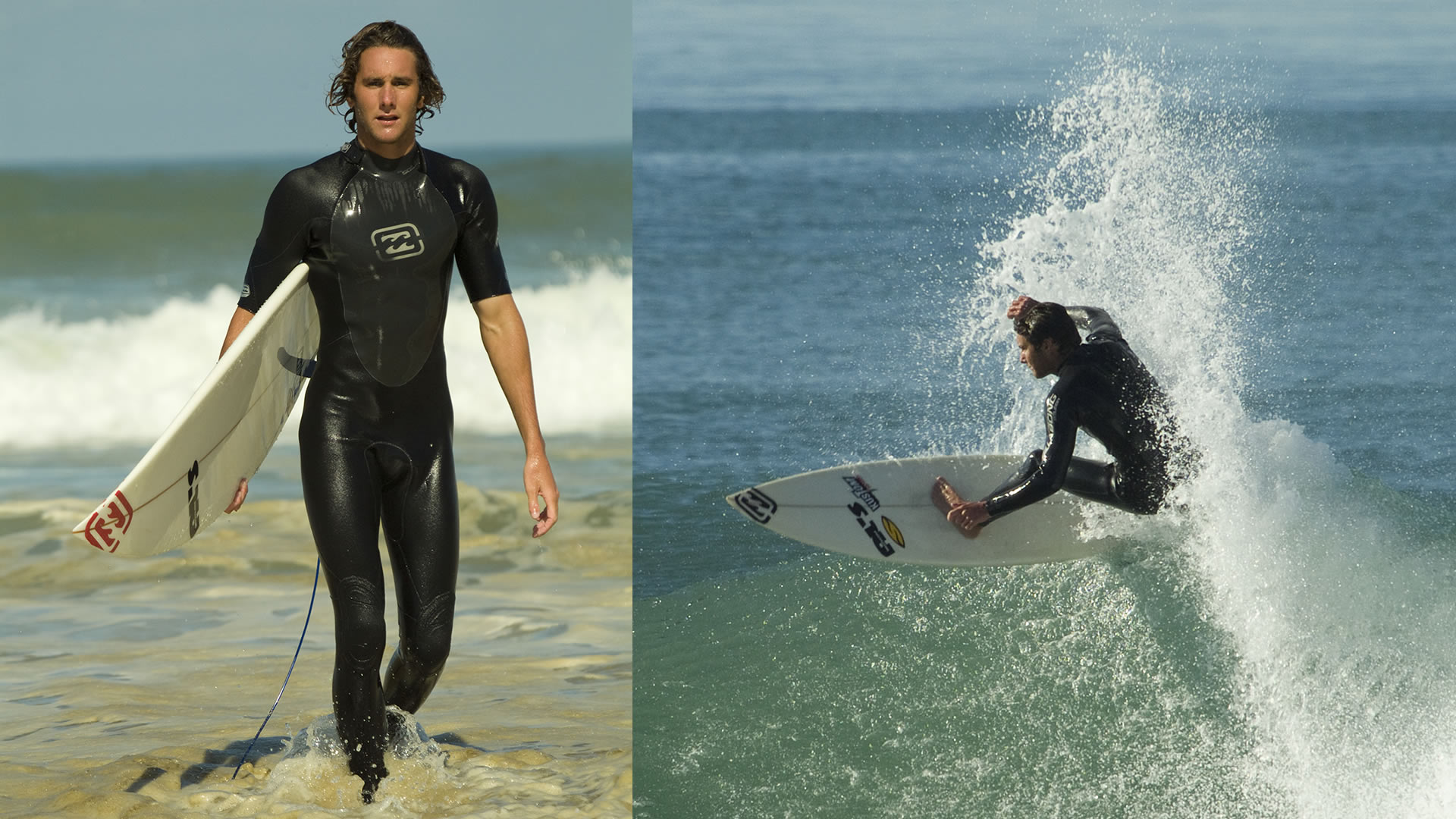 Deux photos d'un surfeur en combinaison noire : sortant de l'eau avec sa planche, et en plein virage sur une vague avec des embruns