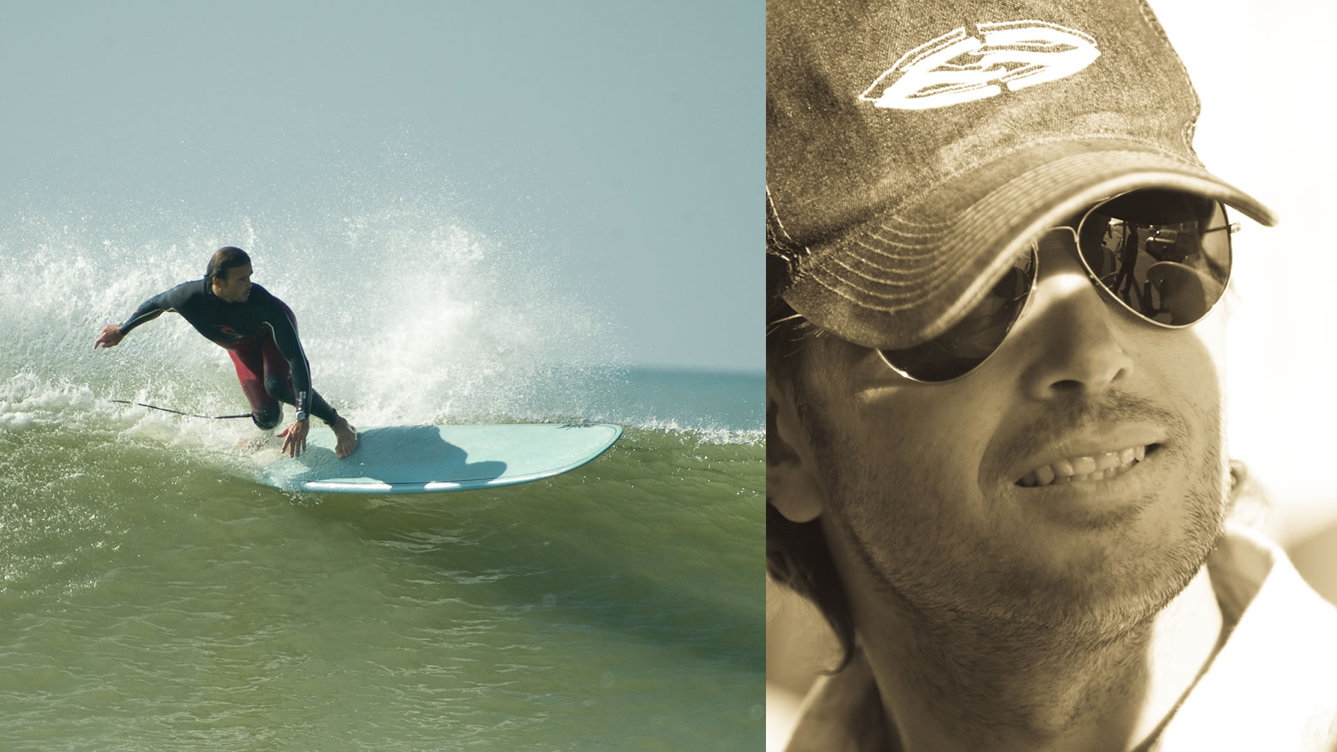 Deux photos : un surfeur en combinaison taillant une vague verte, et un homme souriant en casquette et lunettes de soleil